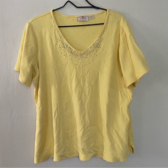 Quacker Factory Yellow Rhinestone Cotton T Shirt Women’s Size XL Short Sleeves - Picture 8 of 8